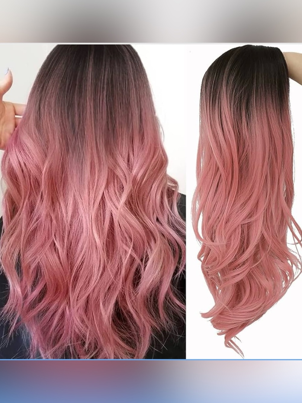 Ombré Pink Curly Long Wavy Wig Dark Roots 24”
